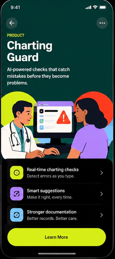 Charting Guard screen: AI-powered checks that catch mistakes before they become problems