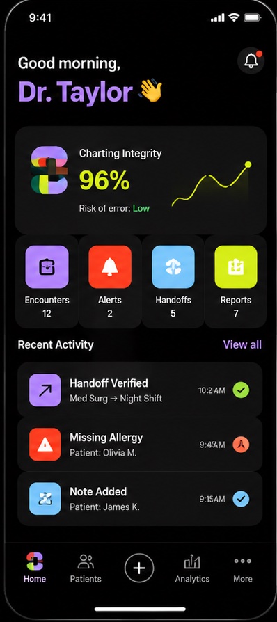 App dashboard: Good morning Dr. Taylor, charting integrity 96 percent, recent activity verified
