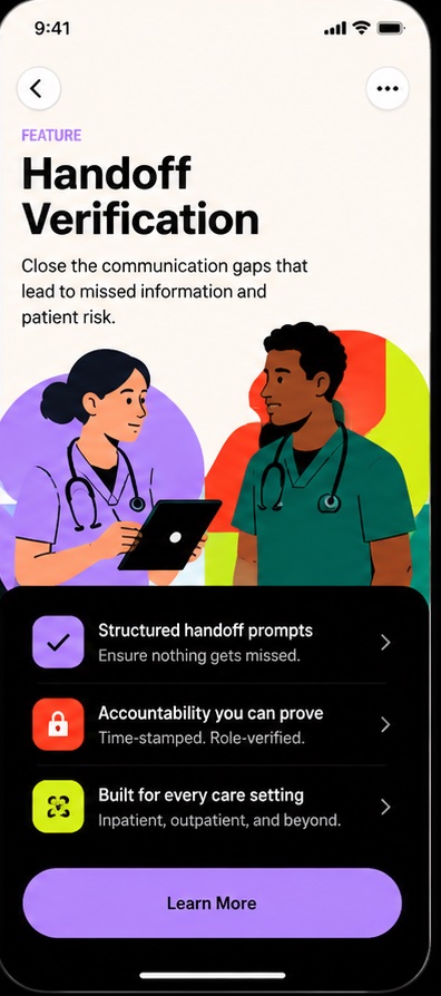 Handoff verification screen: two clinicians reviewing a tablet together