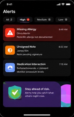 Alerts screen: missing allergy, unsigned note, medication interaction