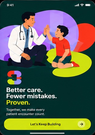 GNOSIS app closing screen: a clinician and a young patient share a high-five. Better care. Fewer mistakes. Proven.