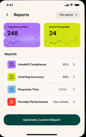 Reports screen: handoff and charting integrity reports