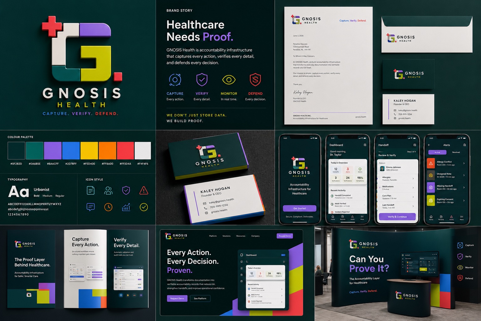 GNOSIS Health brand board: mosaic G logo, brand story, palette, typography, stationery, app screens, brochure, website, and event booth
