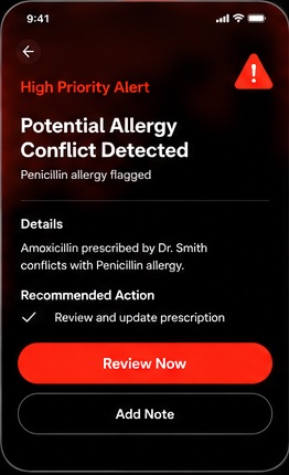 High priority alert screen: potential allergy conflict detected, penicillin allergy flagged