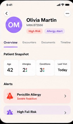 Patient profile screen for Olivia Martin with allergy alert